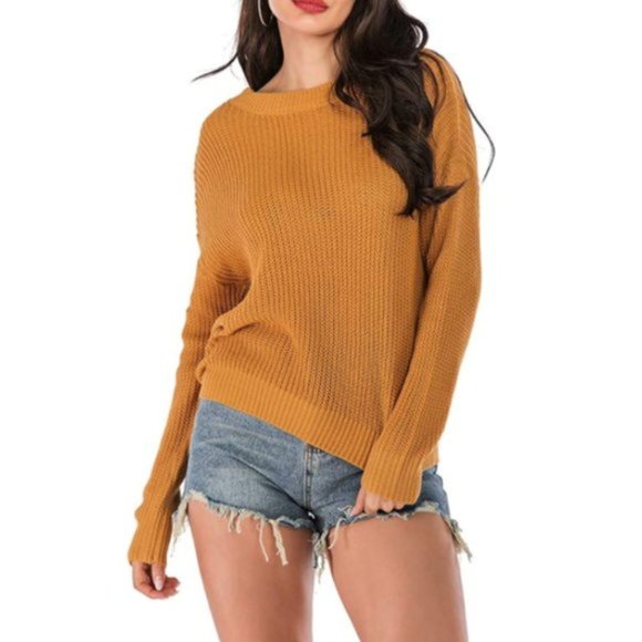NWT Ribbed Mustard Lattice Back Thick Knit Sweater - Picture 1 of 5